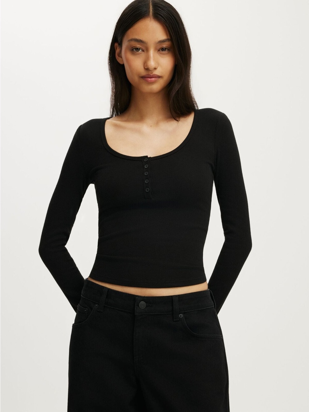 Cotton On Black Ribbed Scoop Henley Long Sleeve Crop Top